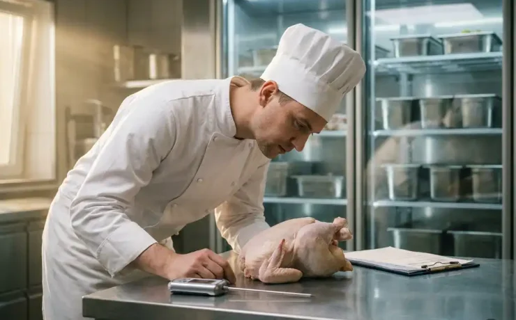 Koch in weißer Uniform prüft frisches Hähnchen auf Edelstahltheke mit Thermometer und Lieferschein, Kühlraum im Hintergrund.