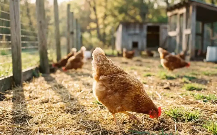 Freilaufendes Huhn in Nahaufnahme auf einem sonnenbeschienenen Bio-Bauernhof mit goldenem Stroh und verwittertem Holzzaun.