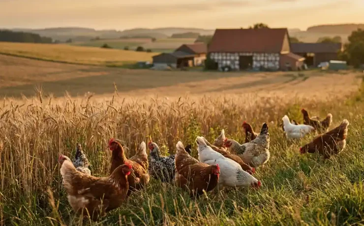 Freilaufende Hühner auf goldenen Weizenfeldern in der deutschen Landschaft, rustikales Holzbauernhaus im warmen Abendlicht.
