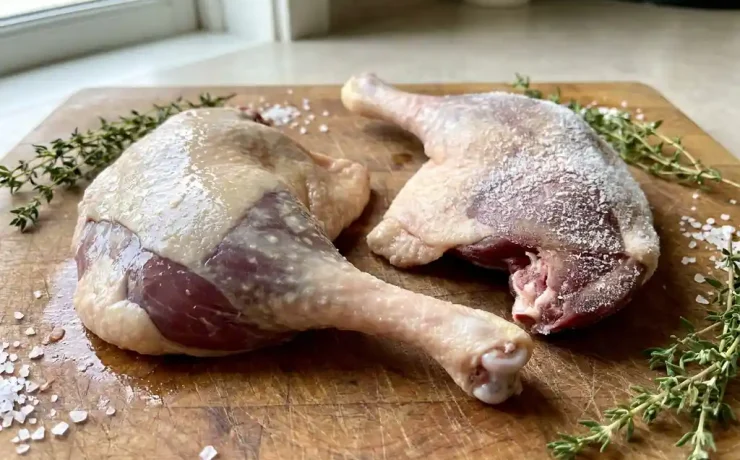 Frische und gefrorene Entenkeule nebeneinander auf Holzblock, umgeben von Thymian und grobem Meersalz.