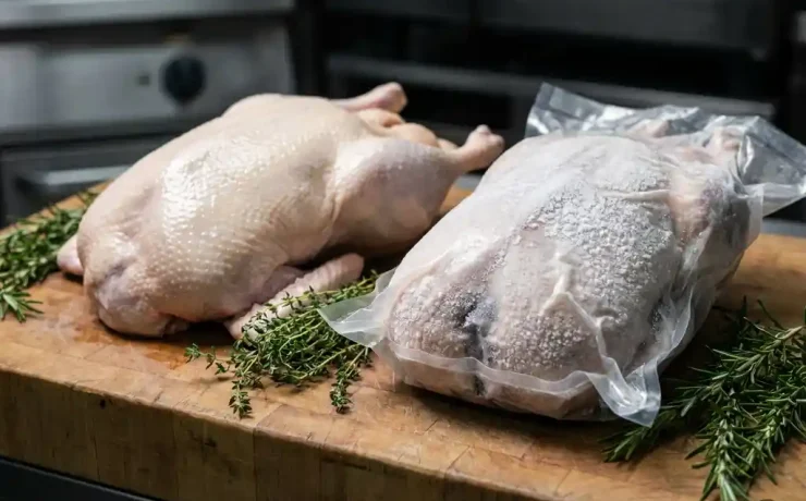 Frische ganze Gans neben vakuumverpackter gefrorener Gans auf Holzblock, mit Thymian und Rosmarin, Texturvergleich frisch versus tiefgekühlt.