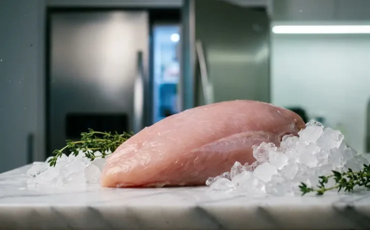 Frisches Putenbrust-Filet auf weißem Metzgerblock, umgeben von Crushed Ice und Thymianzweigen, Kühlschrank im Hintergrund.