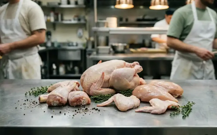 Ganzes rohes Hähnchen und Geflügelstücke auf Edelstahlfläche mit frischem Thymian und Pfeffer, Profiküche im Hintergrund.