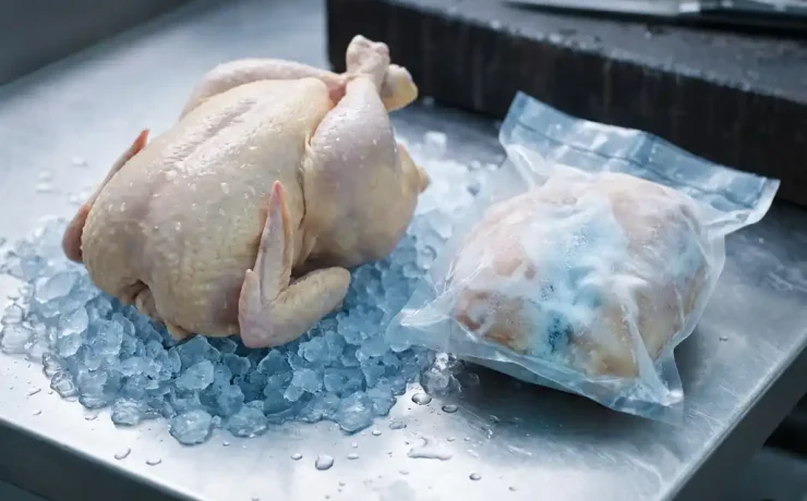 Frisches ganzes Huhn auf Crushed Ice neben vakuumverpackter Tiefkühlhühnerbrust auf Edelstahl-Fleischertheke.