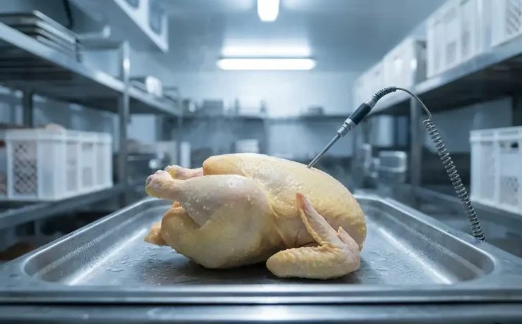 Frisches ganzes Hähnchen auf Edelstahlschale in Kühllagerung mit eingestecktem Thermometer zur Temperaturkontrolle.