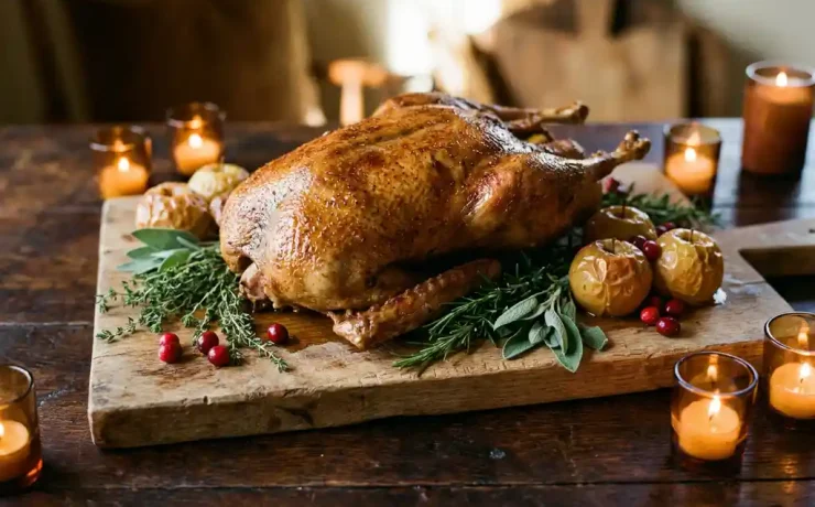 Goldbraun gebratene Gans auf Holzbrett mit Äpfeln, Rosmarin und Herbstkräutern im warmen Kerzenlicht.
