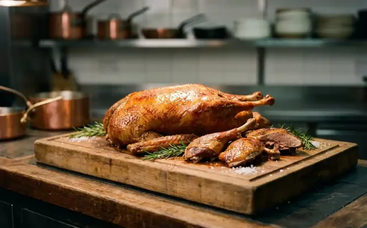 Goldbraun gebratene Gans auf Holzschneidebrett mit Fleischportionen, Rosmarin und grobem Salz im Profi-Küchenstil.