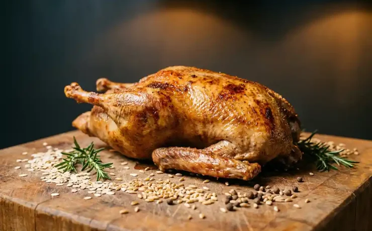 Goldbraun gebratene Gans auf rustikalem Holzbrett mit Rosmarin, Pfefferkörnern und Getreide, dramatische Studiobeleuchtung.