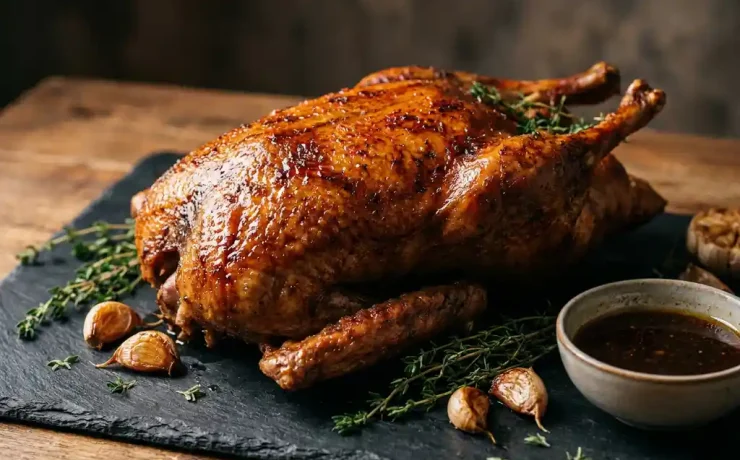 Goldbraun gebratene ganze Gans auf Schieferplatte mit Thymian, geröstetem Knoblauch und Bratensaft, knusprige karamellisierte Haut.