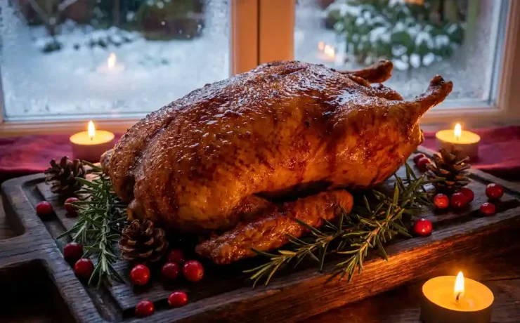 Goldbraun gebratene Gans auf Holzbrett mit Rosmarin, Cranberries und Tannenzapfen, Kerzenlicht beleuchtet knusprige Haut.