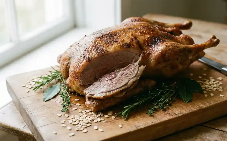 Goldbraun gebratene Hafergans auf rustikalem Holzbrett mit frischen Kräutern und Haferflocken, zartes glänzendes Fleisch im Anschnitt sichtbar.