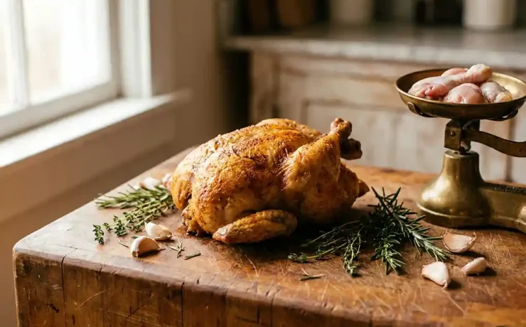 Goldbraun gebratenes Hähnchen auf verwittertem Holzblock mit frischen Kräutern, Knoblauchzehen und Messingküchenwaage im warmen Licht.