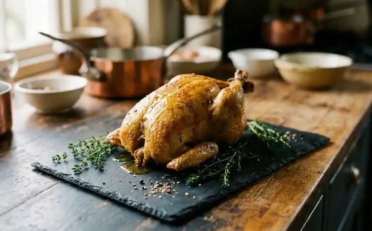 Ganzes gebratenes Perlhuhn auf Schieferplatte mit frischem Thymian, Pfefferkörnern und goldenem Jus.