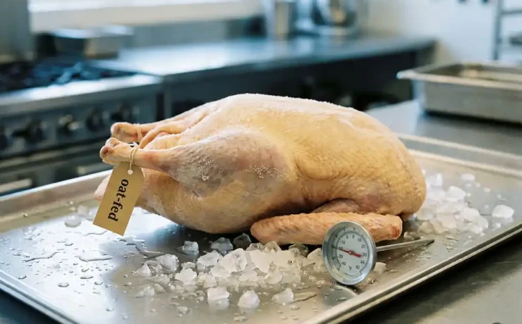 Gefrorene Hafergans auf Edelstahlblech mit schmelzenden Eiskristallen und Küchen-Thermometer, Profiküche.