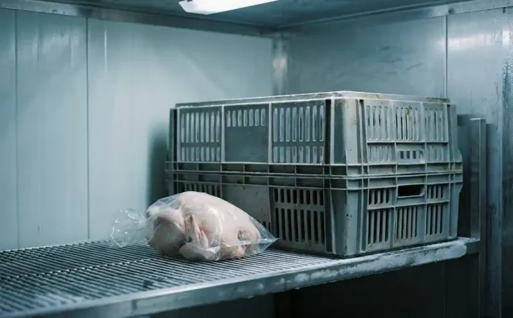 Einzelnes rohes Huhn auf Edelstahlkühlregal neben leeren Geflügelkisten, klinisches Licht betont Knappheit.