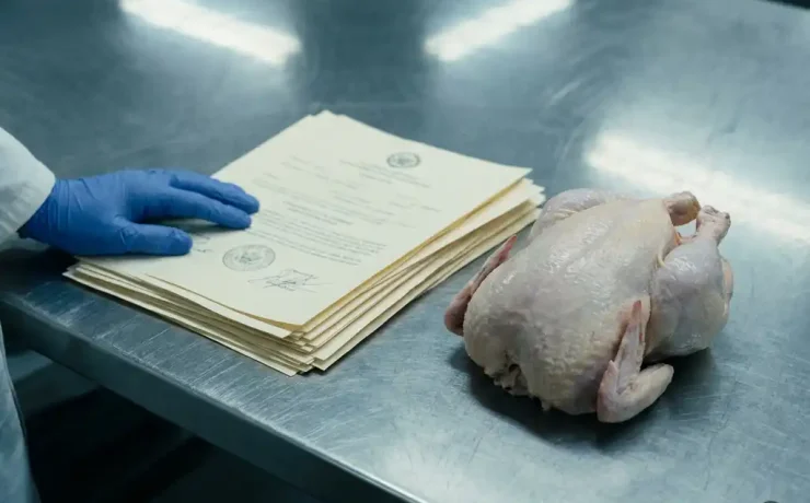 Qualitätsprüfer mit Handschuh auf Zertifikatsdokumenten neben rohem Huhn auf Edelstahloberfläche.