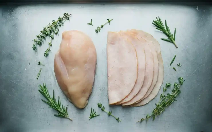 Rohes Hähnchenfilet und Putenscheiben auf Edelstahlplatte mit frischen Kräutern, Draufsicht.