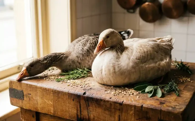 Zwei Gänse – eine hafergefütterte und eine Freilandgans – auf einem rustikalen Eichentresen mit Haferkörnern und frischen Kräutern.
