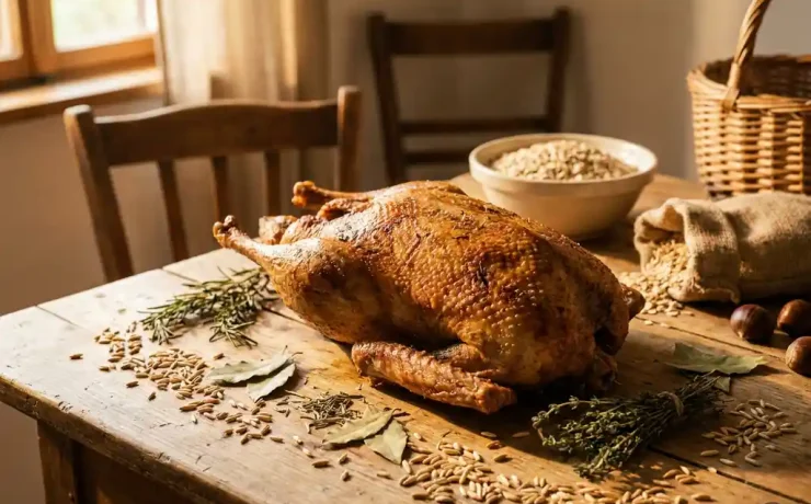 Goldbraune hafergefütterte Gans auf rustikalem Holztisch, umgeben von Haferflocken und getrockneten Kräutern, warme Herbstatmosphäre.