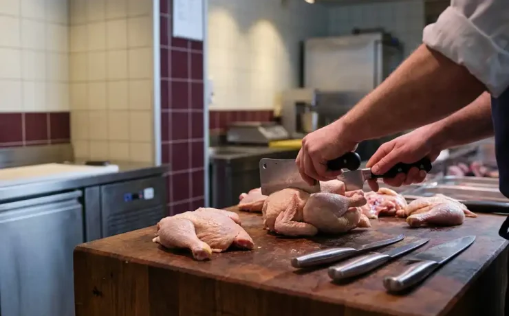 Metzgerhände zerteilen frisches Hähnchen auf Holzblock, Edelstahlmesser daneben, professionelle Kühlhausumgebung.
