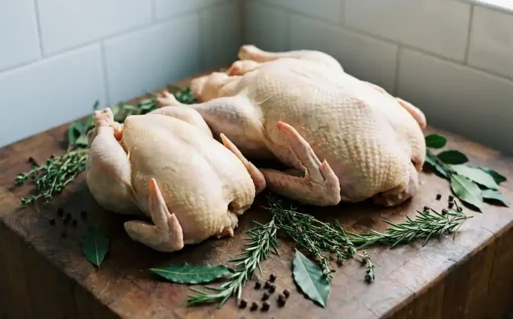Rohes Hähnchen und Gans auf einem Holzblock mit frischen Kräutern und Pfefferkörnern, weiße Kacheln im Hintergrund.