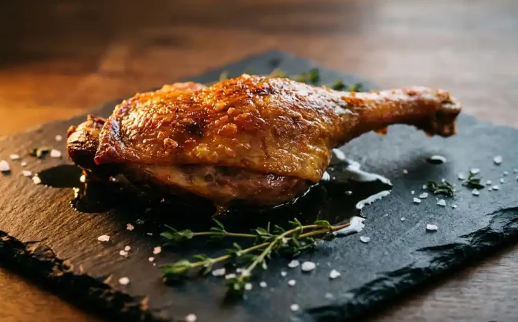 Knusprig gebratene Entenkeule auf Schieferplatte mit Thymian und grobem Meersalz, goldbraune Haut, ausgelassenes Entenfett.