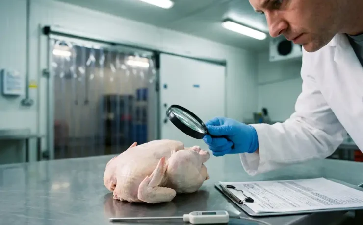Lebensmittelkontrolleur mit Handschuhen prüft frisches ganzes Hähnchen auf Edelstahl-Warenannahme, Klemmbrett und Temperaturmesser in der Nähe.