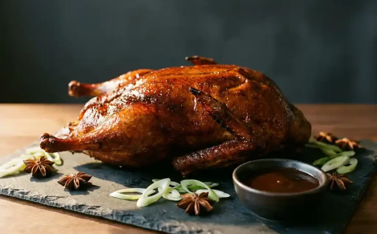 Ganzte Peking-Ente mit glänzend knuspriger Haut auf Schieferplatte, mit Sternanis, Frühlingszwiebeln und Hoisin-Sauce.