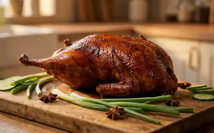 Knusprige Peking-Ente mit lackierter Mahagoni-Haut auf Holzbrett, umgeben von Frühlingszwiebeln, Sternanis und Gurke.