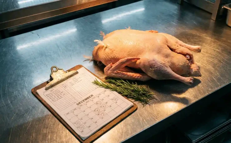 Rohe ganze Gans auf Edelstahl-Metzgertisch mit frischem Rosmarin, Bestellformularen und Dezember-Kalender.