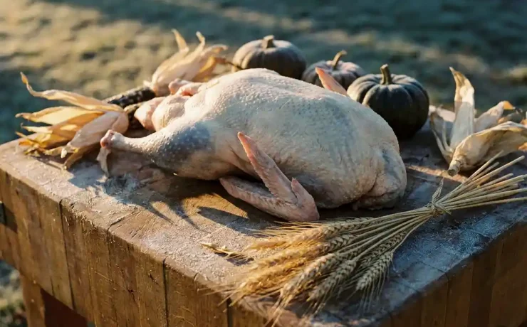 Rohes ganzes Gänsefleisch auf verwittertem Holzblock mit Maiskolben, Weizenähren und Raureif im Herbstlicht.
