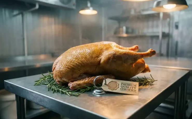 Rohe ganze Gans mit goldener Haut auf Edelstahl-Fleischertheke, umgeben von frischen Rosmarinzweigen und Qualitätszertifikat.