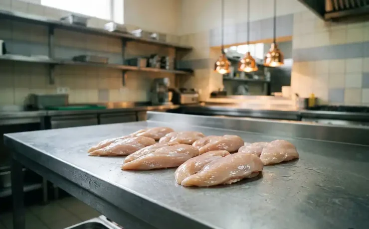 Rohe Hähnchenbrustfilets auf Edelstahl-Arbeitsfläche in professioneller Küche, von oben fotografiert.