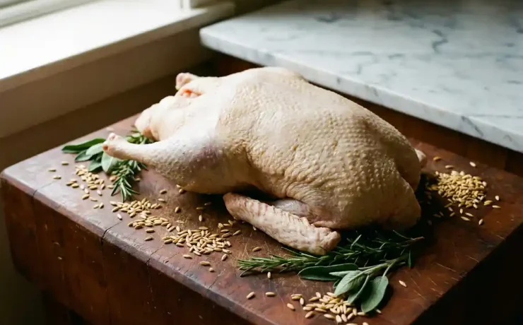 Rohe hafergefütterte Gans auf Holzblock mit goldenen Haferkörnern und frischen Kräutern, natürliches Seitenlicht.