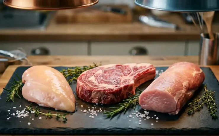 Rohe Hähnchenbrust, Rindersteak und Schweinefilet auf dunklem Schieferbrett mit frischen Kräutern und grobem Salz.