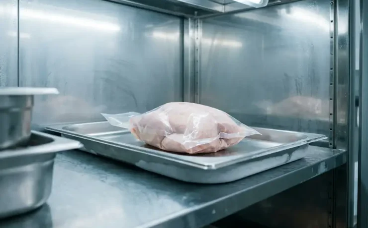 Vakuumverpacktes rohes Geflügel auf Edelstahlregal im Kühlschrank, hygienisch auf separatem Tablett von anderen Fleischsorten getrennt.