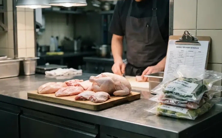 Rohes ganzes Huhn und vakuumierte Geflügelstücke auf Edelstahl-Küchenarbeitsplatte neben Klemmbrett mit Lieferplan.