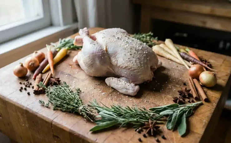 Rohes ganzes Hähnchen auf Holzbrett mit frischen Kräutern, Wurzelgemüse und Gewürzen im natürlichen Seitenlicht.