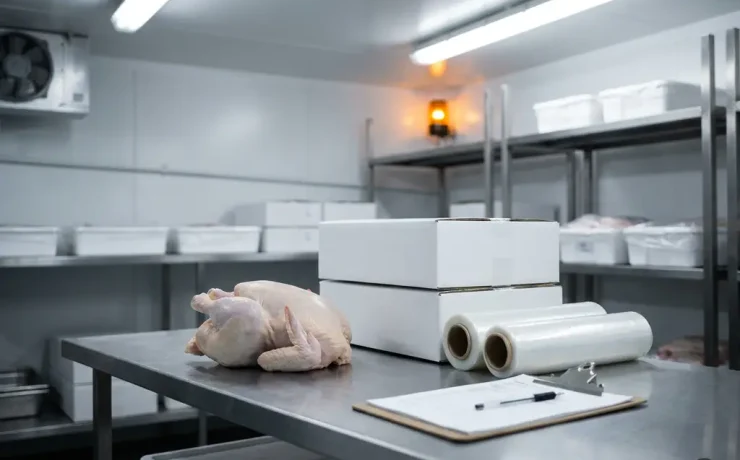Rohes ganzes Hähnchen auf Edelstahl-Prüffläche in Kühlhaus mit Qualitätskontroll-Klemmbrett und weißen Verpackungsmaterialien.