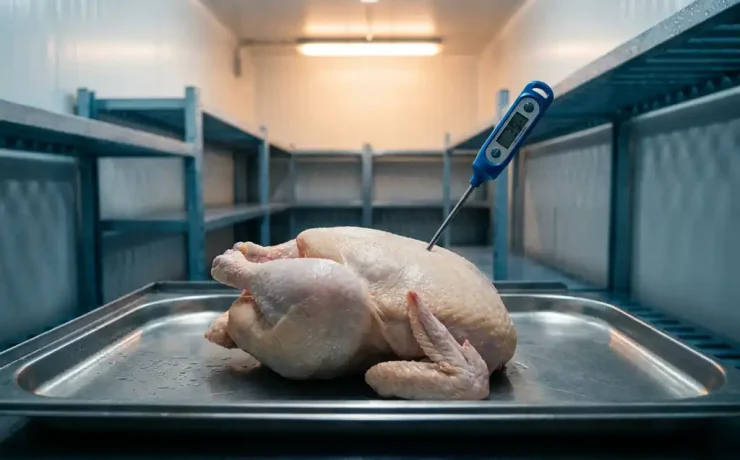 Rohes ganzes Hähnchen auf Edelstahlblech im Kühlraum mit eingestecktem Thermometer zur Temperaturkontrolle.