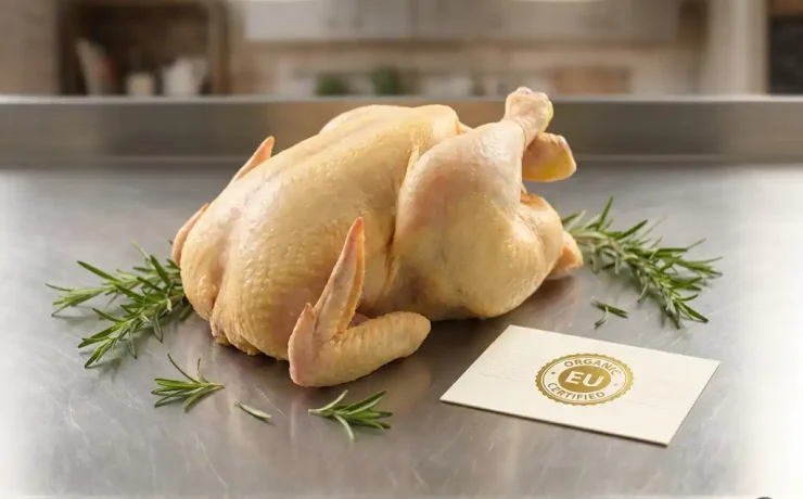 Rohes ganzes Hähnchen auf Edelstahltheke mit frischen Rosmarinzweigen und EU-Zertifizierungssiegel.