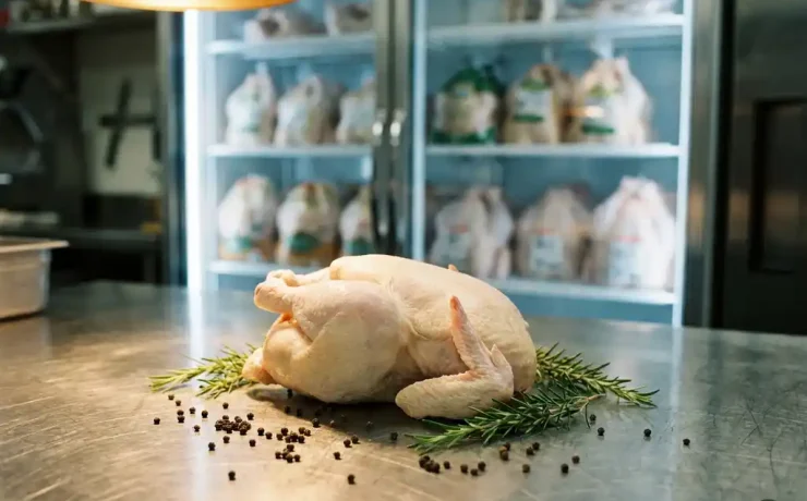 Rohes ganzes Hähnchen auf Edelstahl-Metzgertheke mit frischem Rosmarin und schwarzem Pfeffer, Kühlschrank mit Geflügel im Hintergrund.