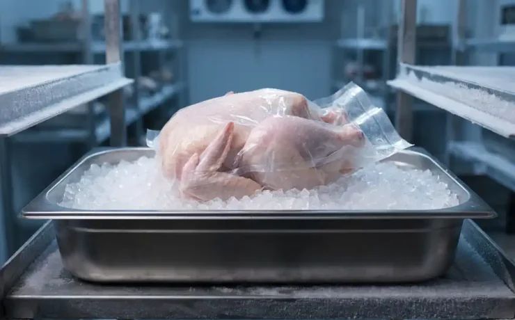 Vakuumverpacktes rohes Hähnchen auf Crushed Ice in Edelstahl-Kühlschale, Kondenstropfen auf der Folie, professionelles Kühllager im Hintergrund.