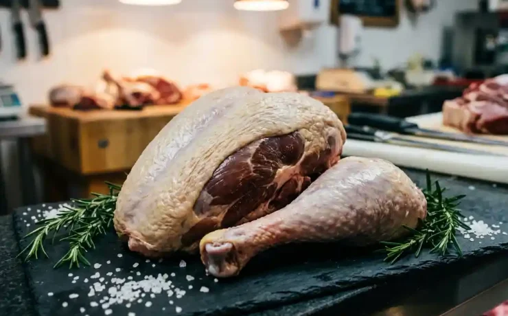 Rohe Putenbrust und Putenkeule auf dunklem Schiefer mit Rosmarinzweigen und grobem Meersalz.