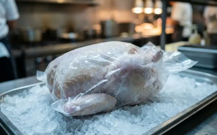 Vakuumverpacktes tiefgefrorenes ganzes Hähnchen auf Eiskriställen in einer Edelstahl-Profiküche mit Kondenstropfen auf der Verpackung.
