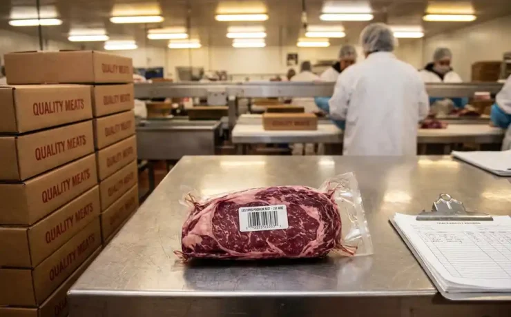 Vakuumverpacktes Premium-Rindfleisch mit Barcode-Etikett auf Edelstahl-Verarbeitstisch, umgeben von zertifizierten Verpackungen und Rückverfolgbarkeitsdokumenten.