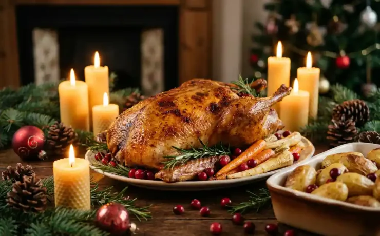 Goldbraune Weihnachtsgans auf rustikalem Eichentisch mit Rosmarin, Preiselbeeren und Wurzelgemüse im Kerzenschein.