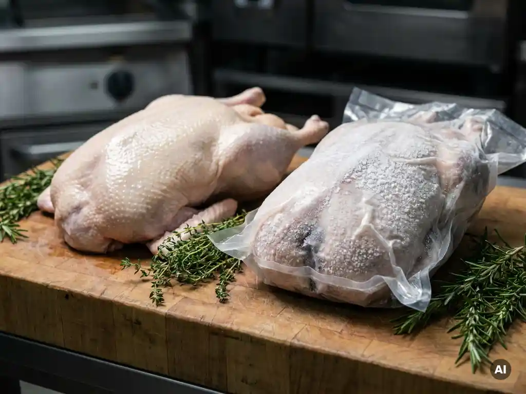 Frische ganze Gans neben vakuumverpackter gefrorener Gans auf Holzblock, mit Thymian und Rosmarin, Texturvergleich frisch versus tiefgekühlt.