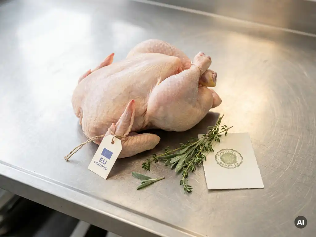 Ganzes rohes Hähnchen auf Edelstahl-Fleischertheke mit EU-Zertifizierungsanhänger, frischem Thymian und Qualitätssiegel.