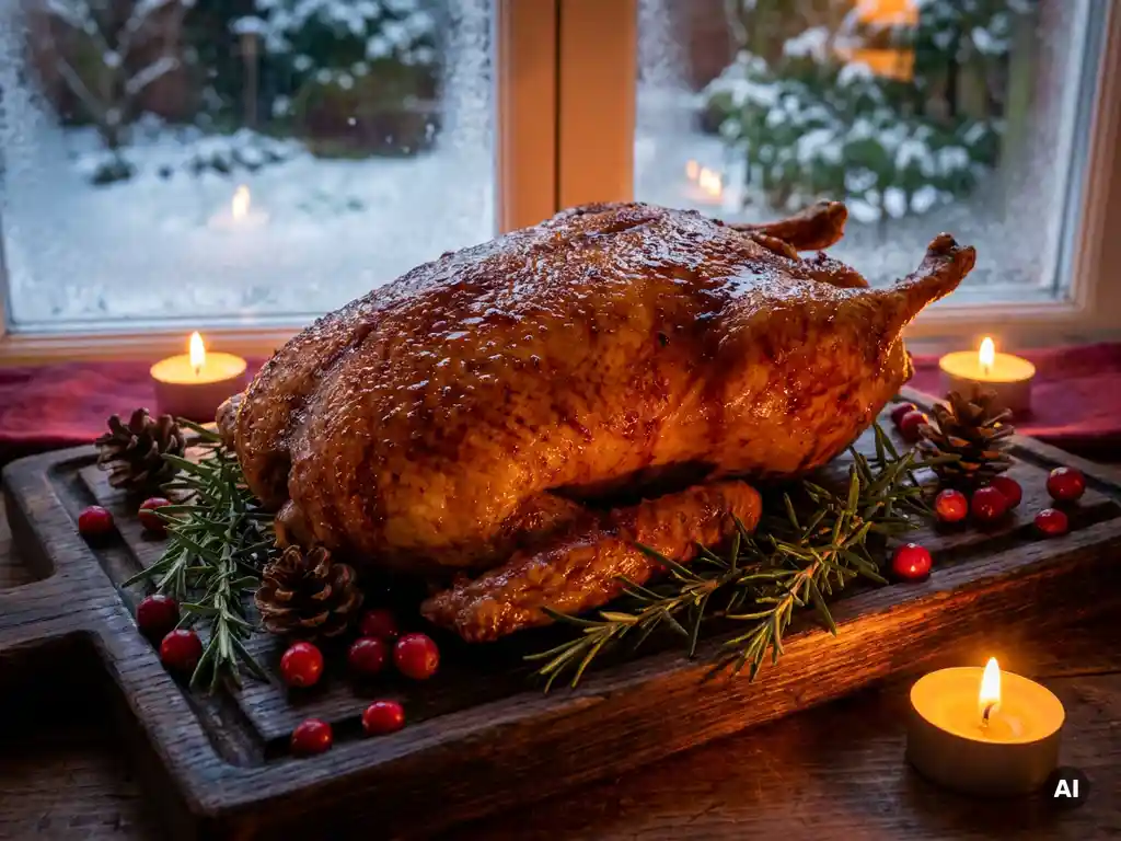 Goldbraun gebratene Gans auf Holzbrett mit Rosmarin, Cranberries und Tannenzapfen, Kerzenlicht beleuchtet knusprige Haut.
